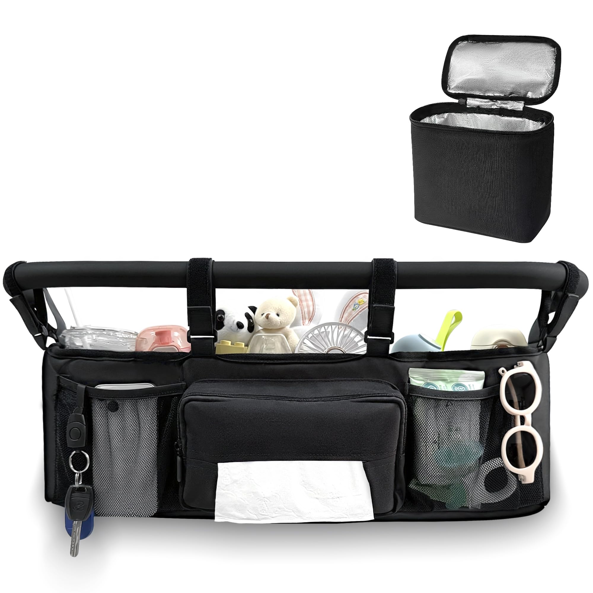 OVNTHYK Double Stroller Organizer front pocket keeps essentials within quick reach on the go.