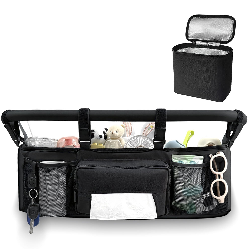 OVNTHYK Double Stroller Organizer front pocket keeps essentials within quick reach on the go.