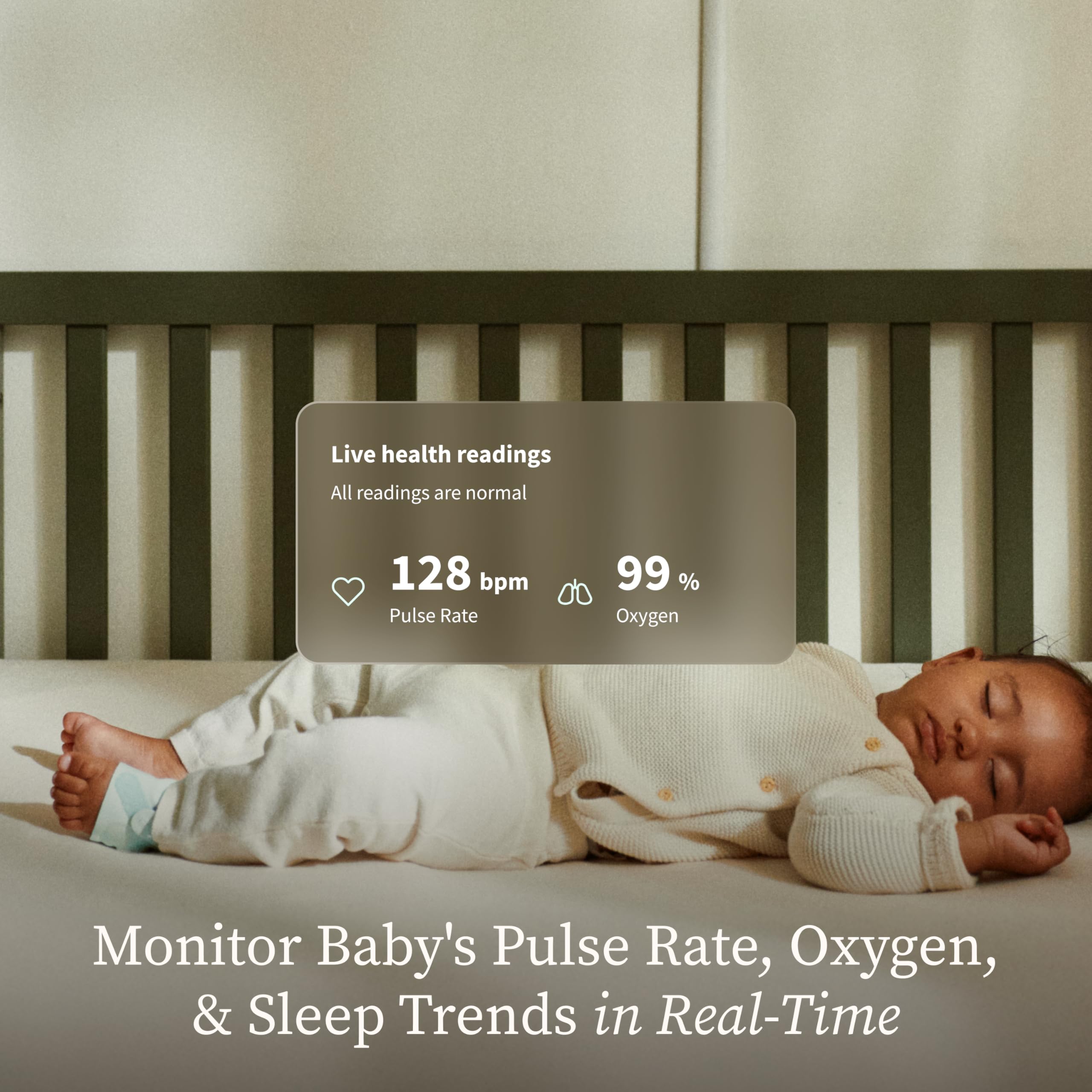 Owlet Dream Sock on baby's foot, delivering continuous pulse and oxygen readings.
