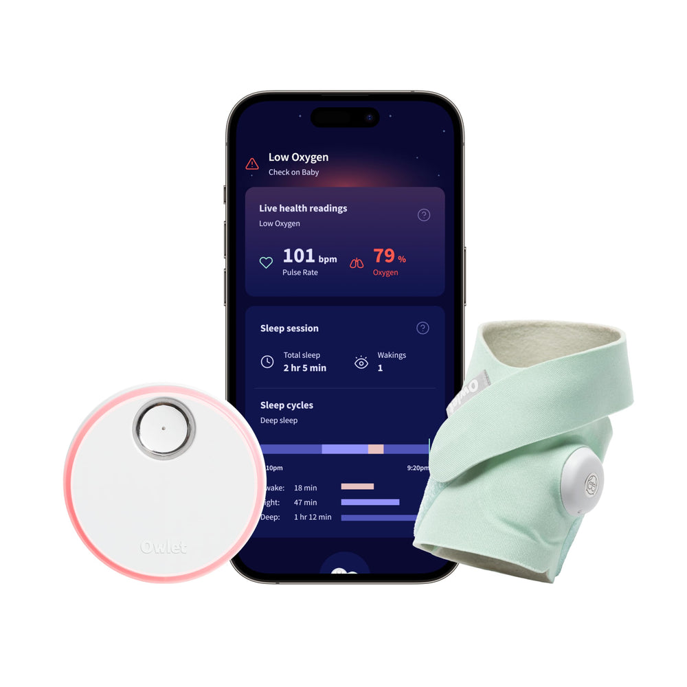 Owlet Dream Sock unboxed, ready to monitor baby's vital signs.