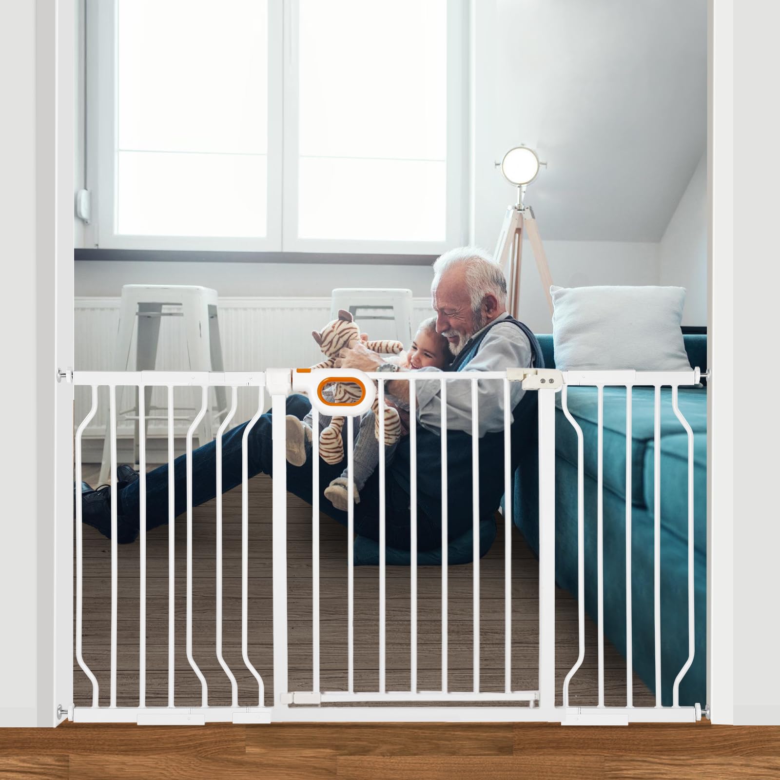 Owlie adjustable stair gate extended to cover wider stair openings for safety.