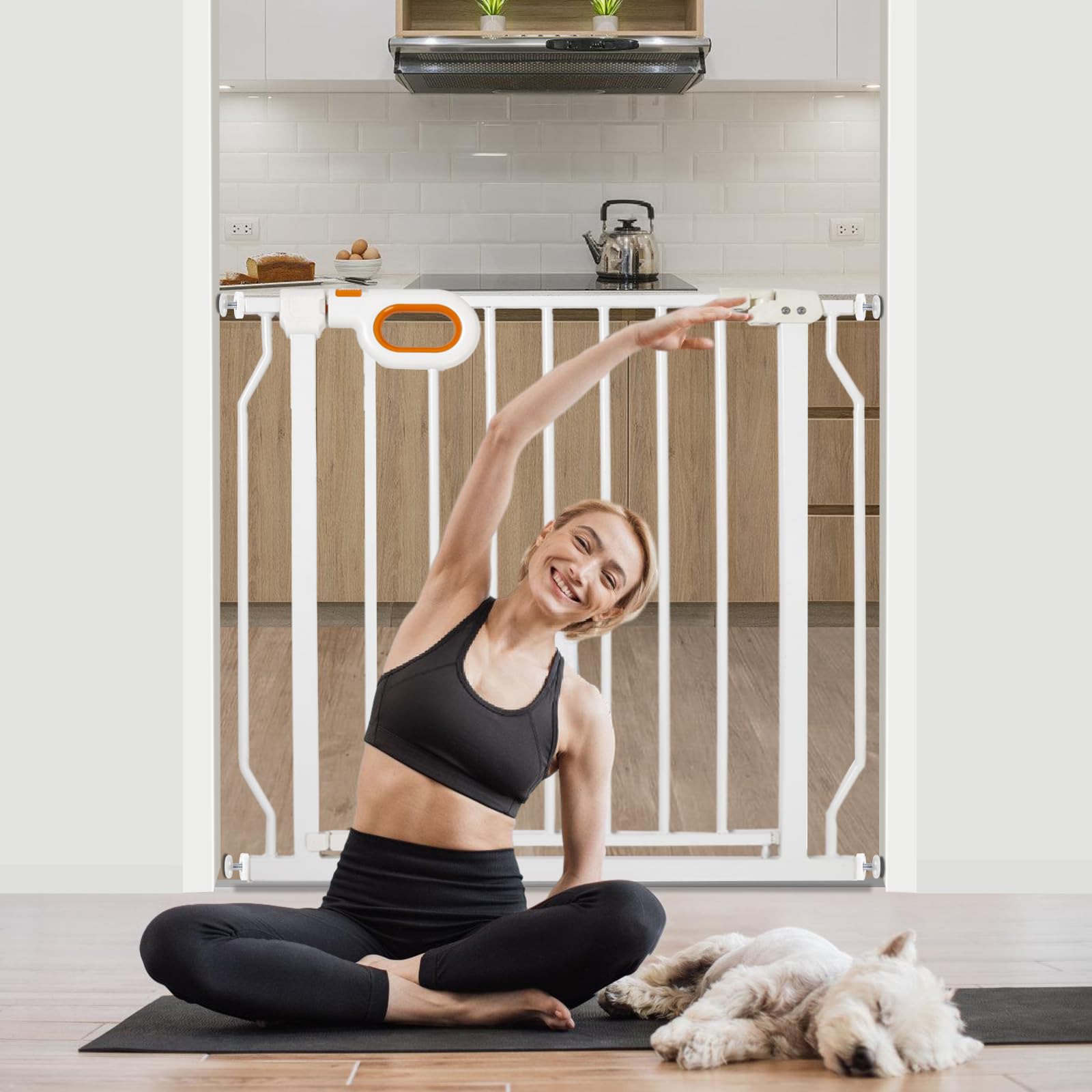 Owlie baby gate with adjustable width on stairs for child safety.
