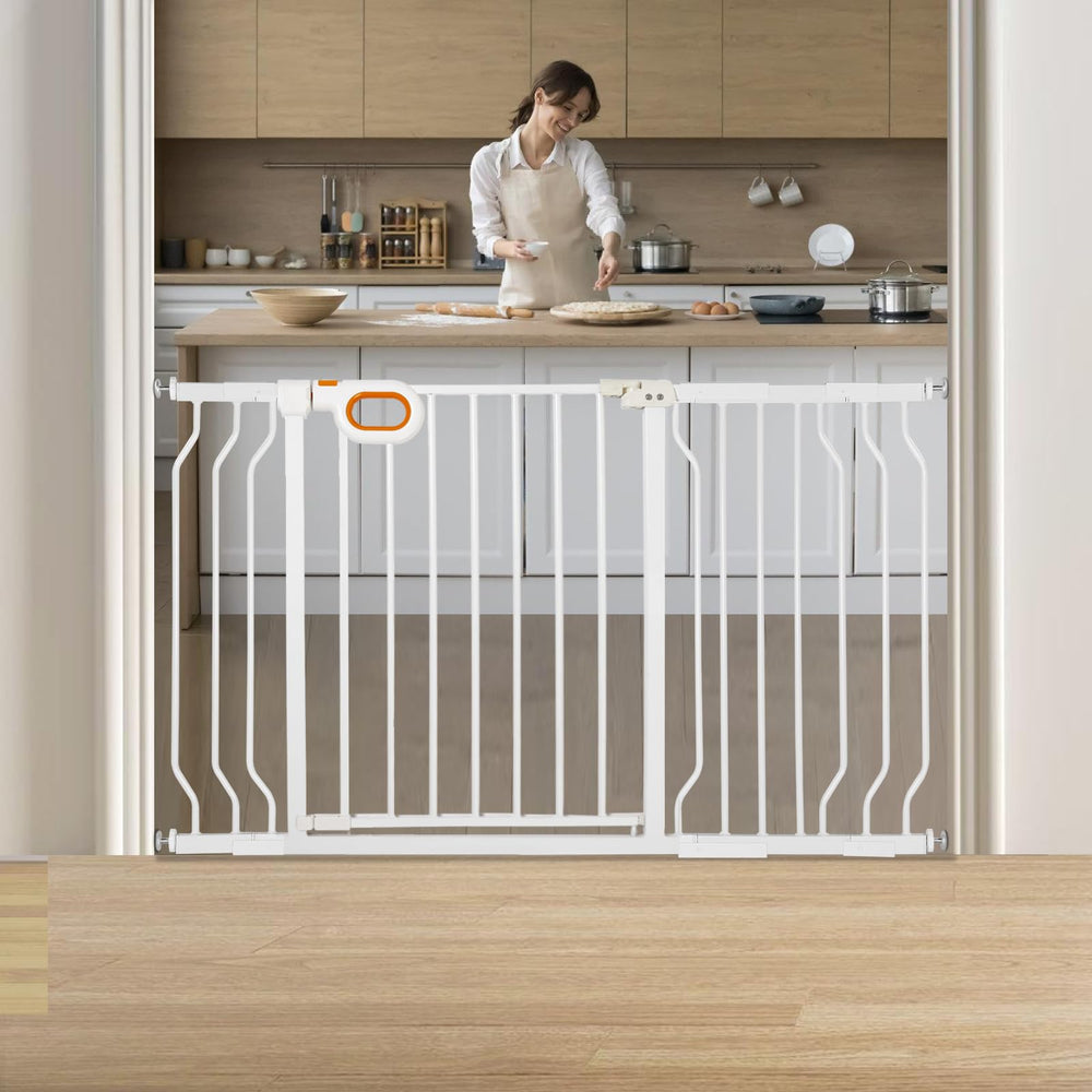 Owlie baby gate with width adjustment fits stairways from 29 to 52 inches.
