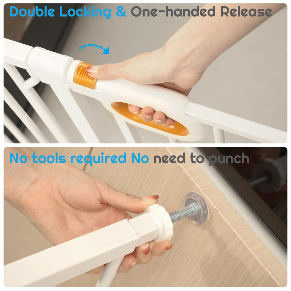 Owlie white finish blends with home decor while guarding stair entry.