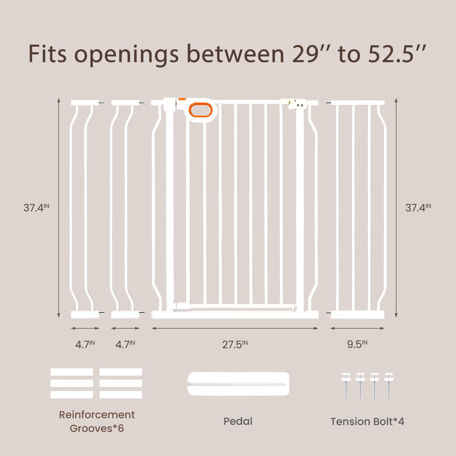 Owlie gate extensions demonstrate width range from 29 to 52 inches