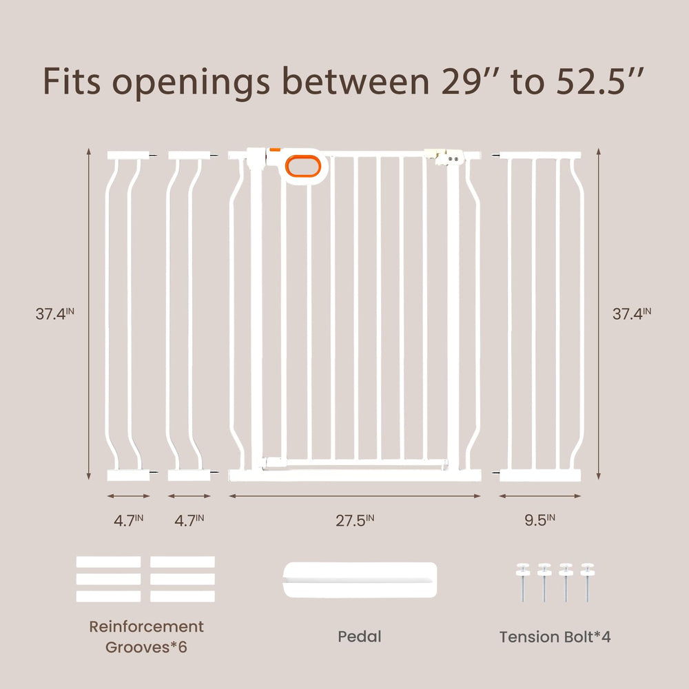 Owlie gate extensions demonstrate width range from 29 to 52 inches