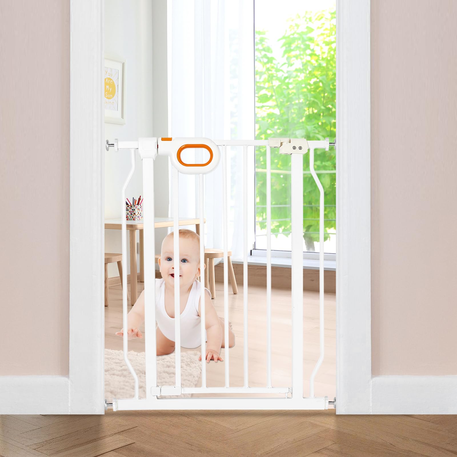Owlie small narrow baby gate, stairs front view, ideal for safe stair entry.