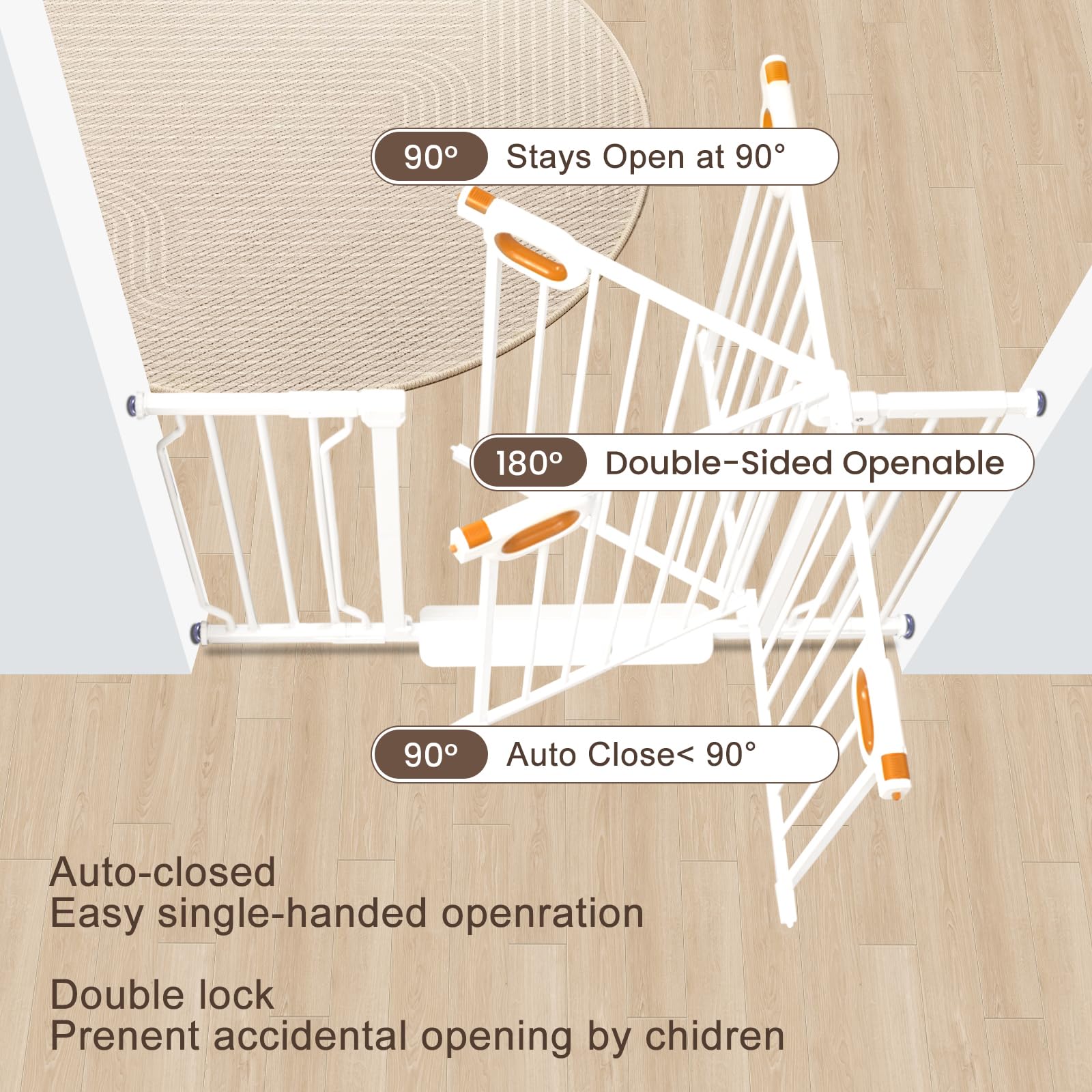 Owlie gate width adjustment shows flexible fit for doorways and hallways.