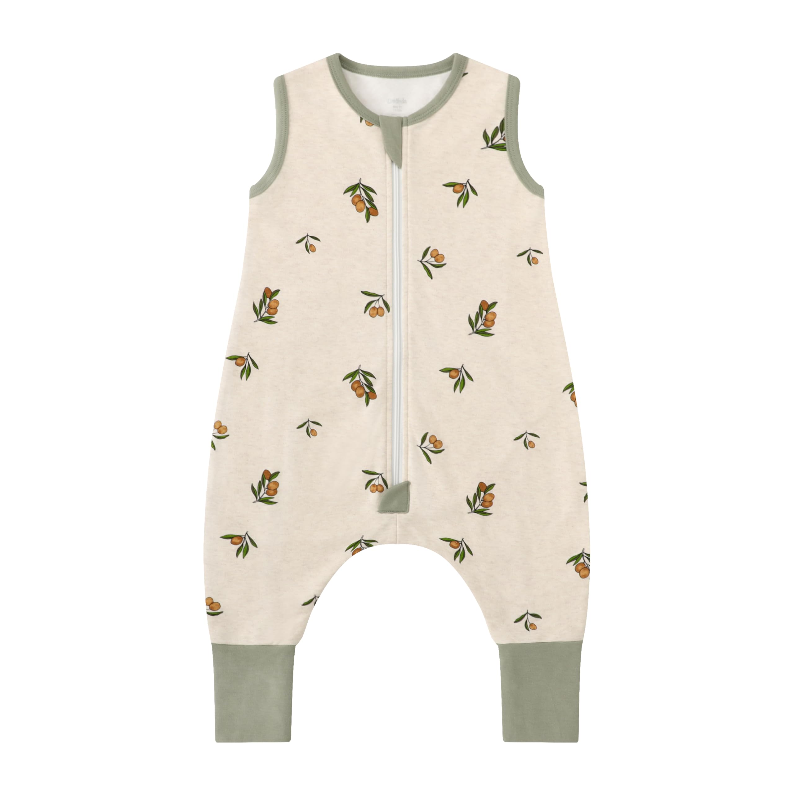 Owlivia 1.0 Tog organic cotton sleeping bag with feet in Olive Branch for year-round warmth.