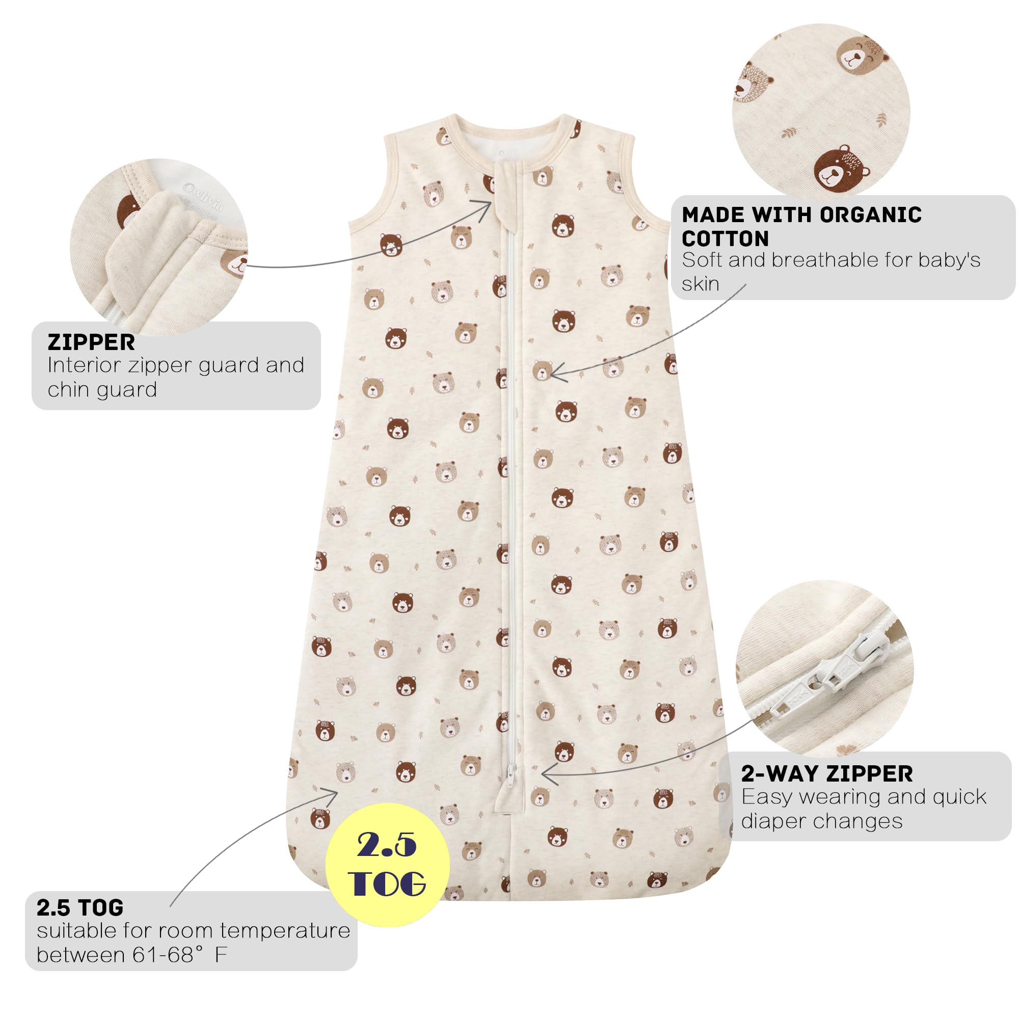 Owlivia baby sleep sack ideal for bedtime warmth and swaddle transition.