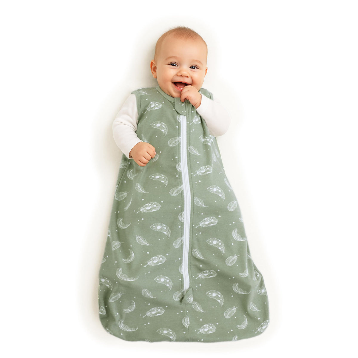 Owlivia baby sleep sack front view in feather green highlighting breathable organic cotton.