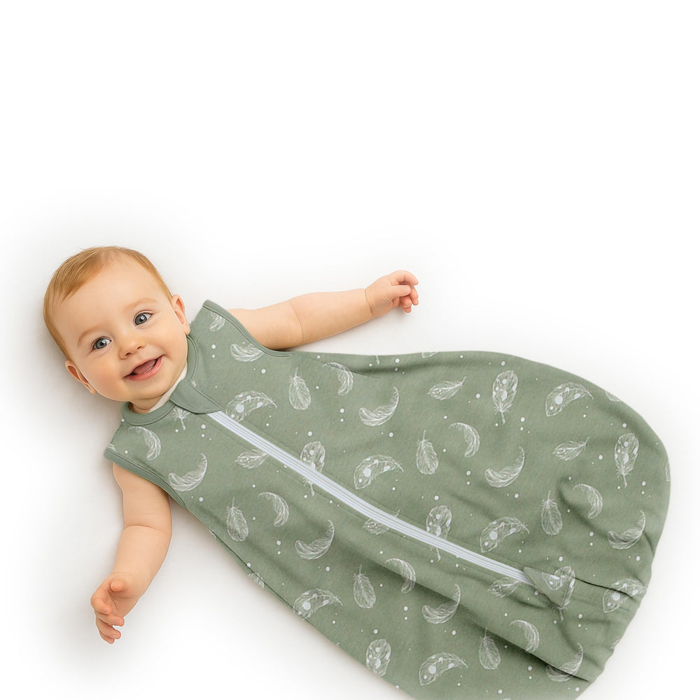 Owlivia sleep sack with 2-way zipper for easy night diaper changes.
