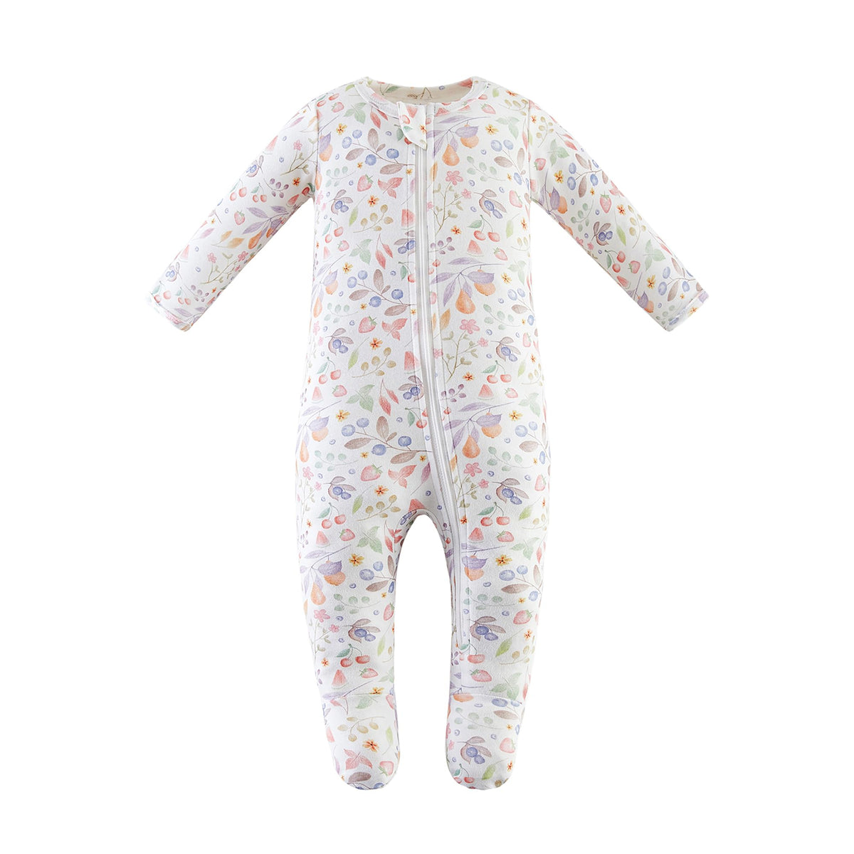Owlivia fruit-print baby pajamas with zip front for quick night changes.