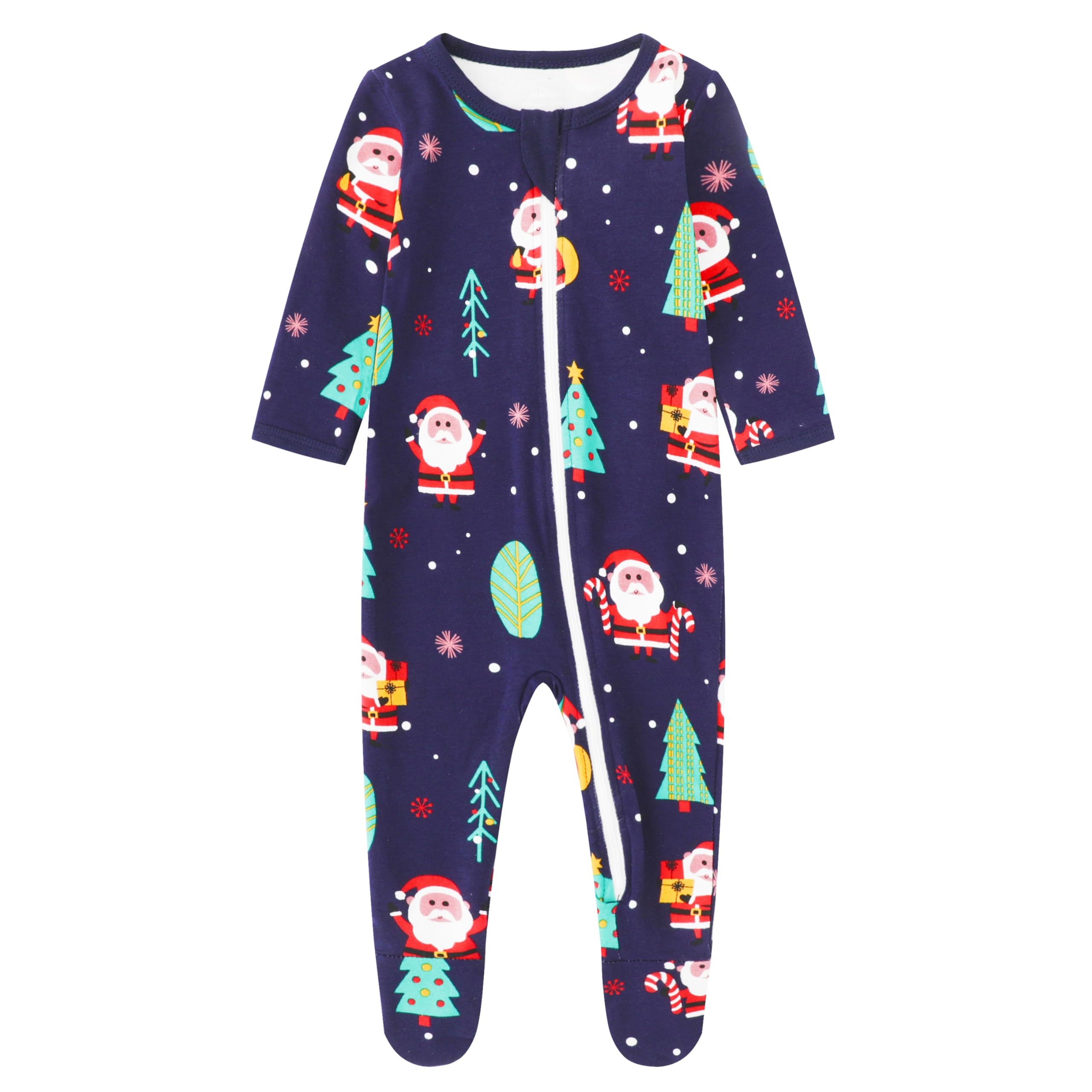 Owlivia zip-front Santa print baby pajamas for quick night-time changes.