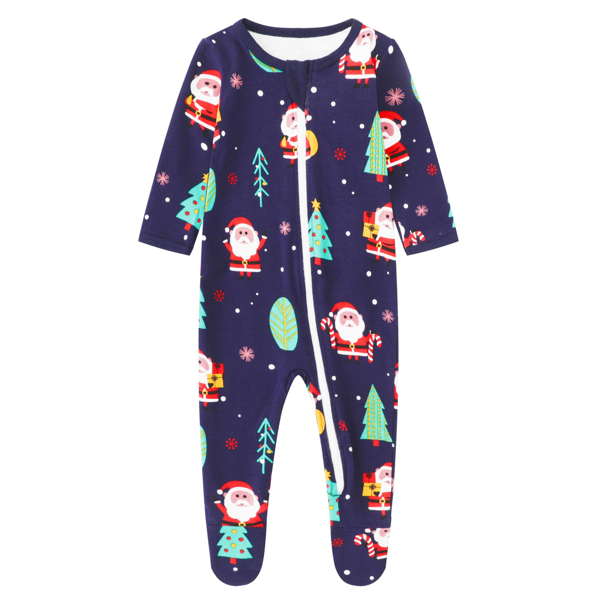 Owlivia zip-front Santa print baby pajamas for quick night-time changes.