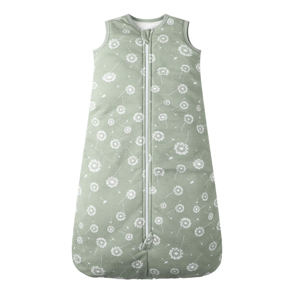 Owlivia baby sleep sack in green dandelion offers soft organic cotton for cozy nights.