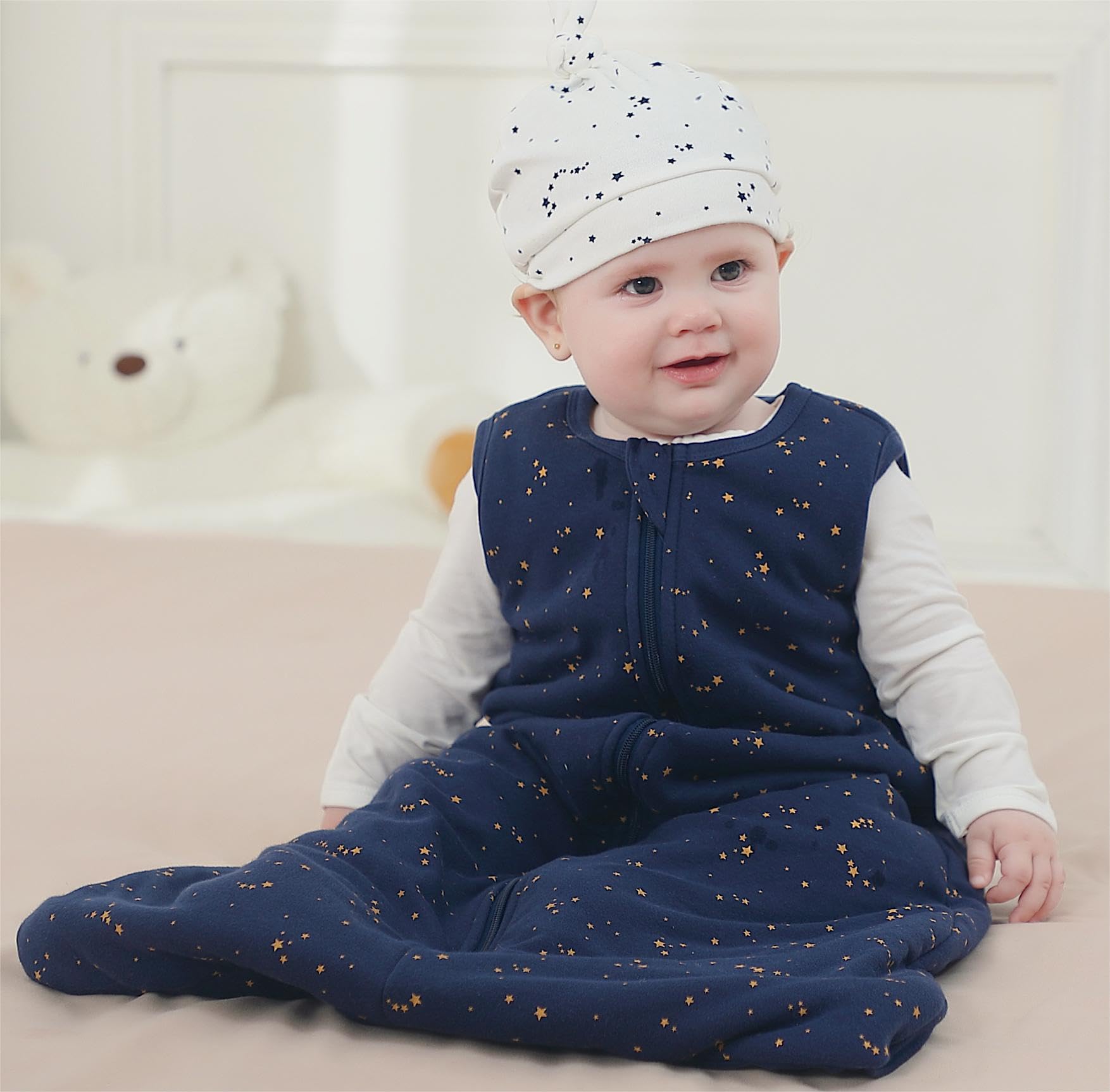 Owlivia sleep sack Starry Sky profile shows relaxed fit and breathable fabric
