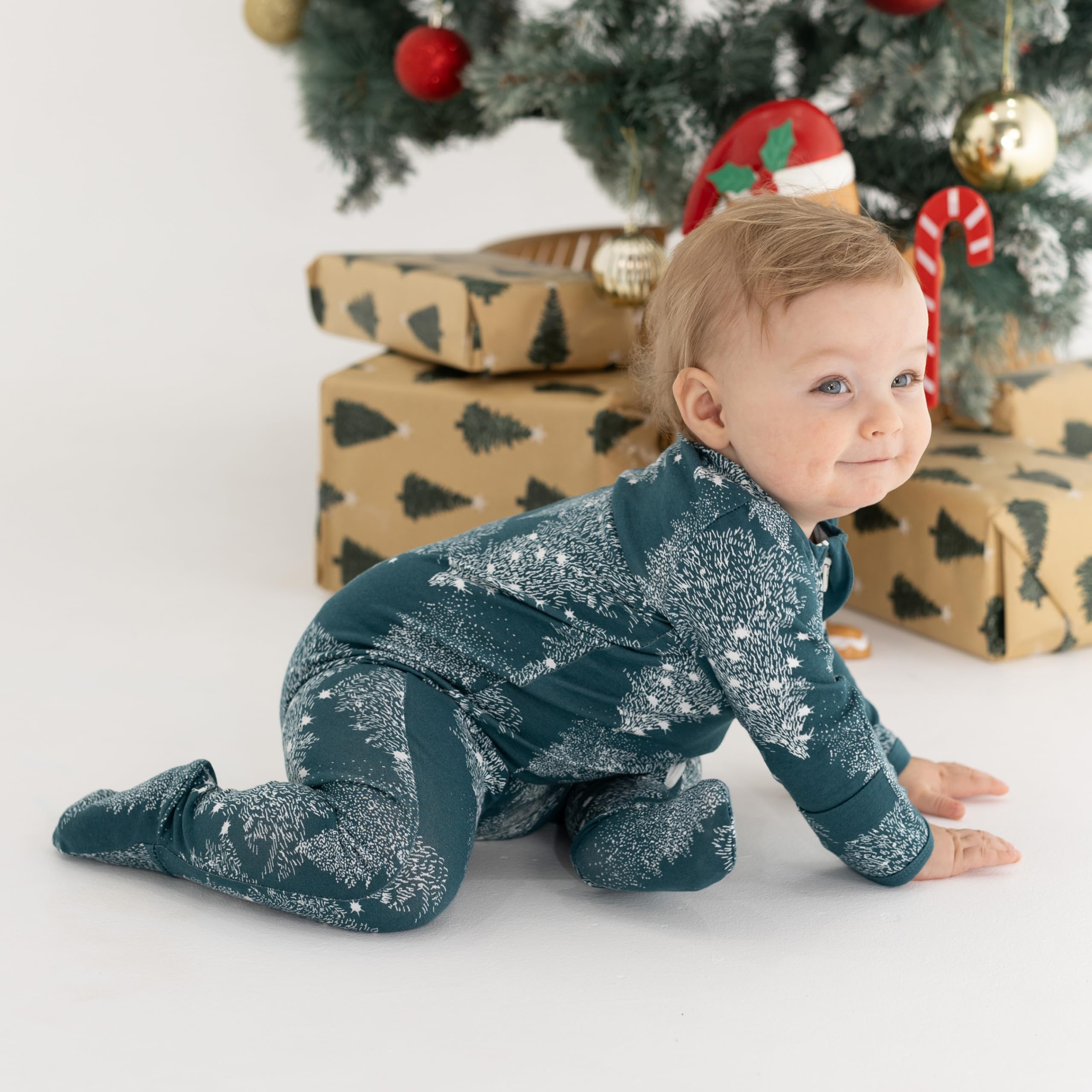 Owlivia footed sleeper in Christmas Pine keeps tiny feet warm.