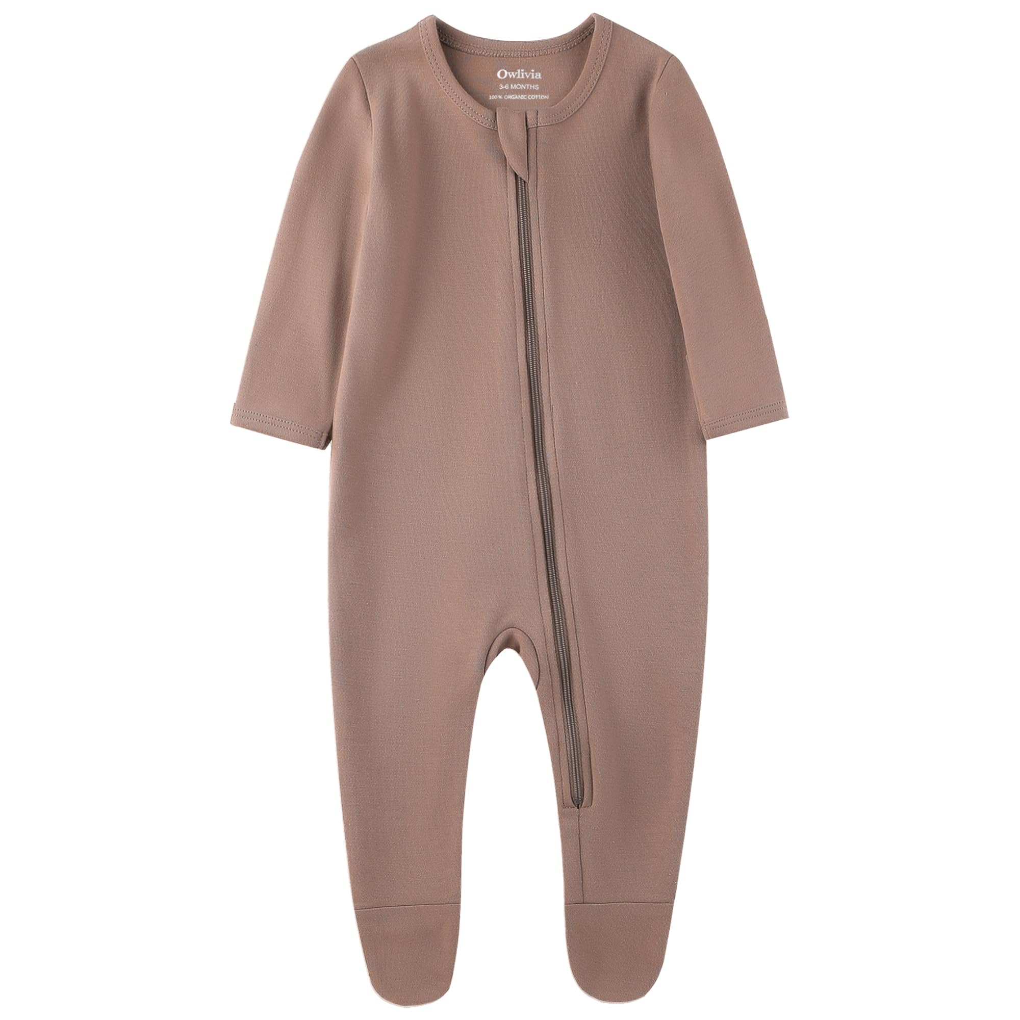 Owlivia brown organic cotton baby pajamas for versatile wear.