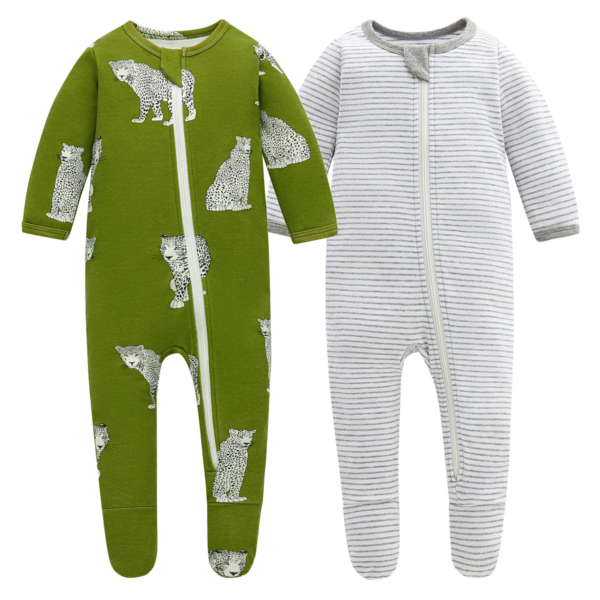 Owlivia organic cotton baby pajamas with cheetah stripes zip front for easy diaper changes.
