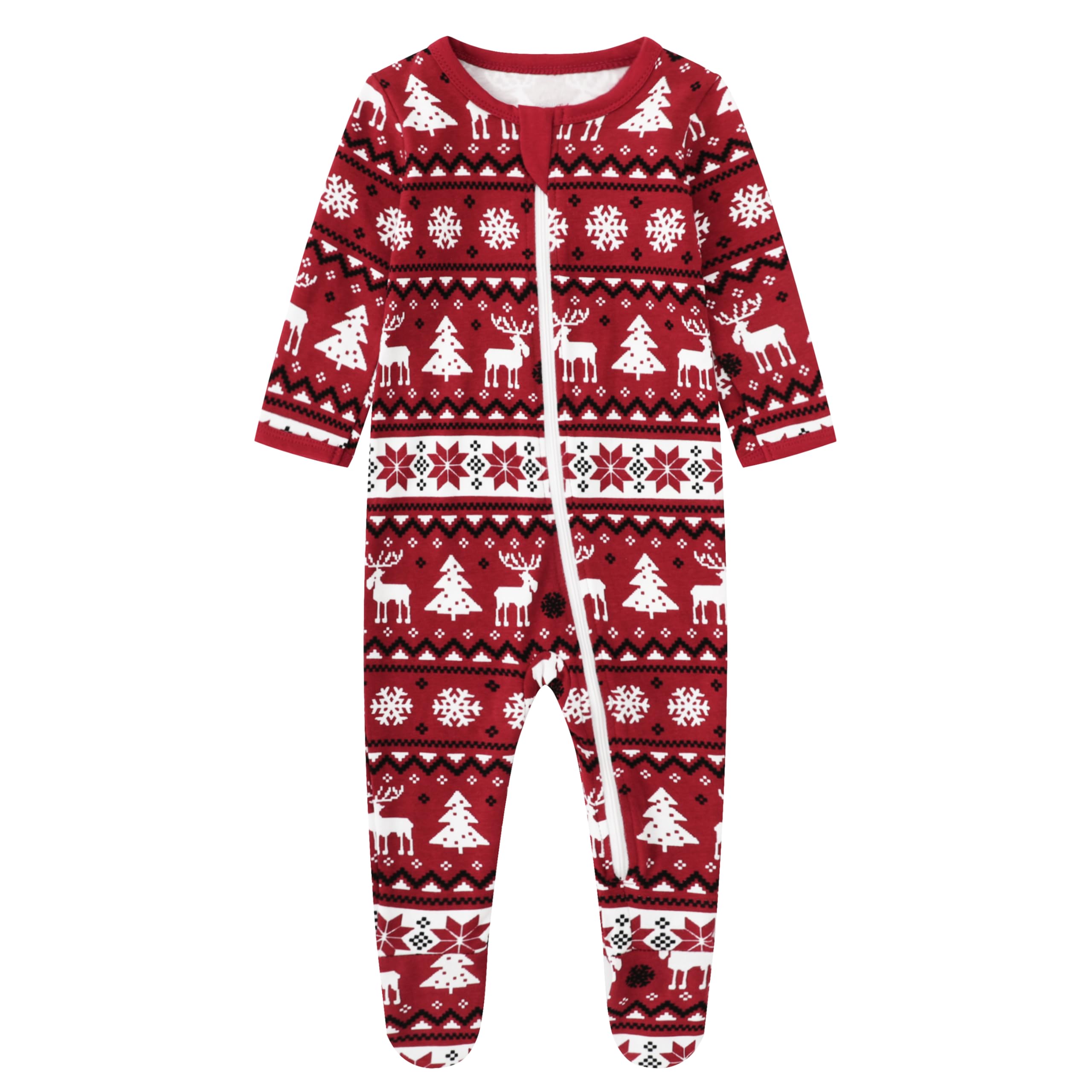 Owlivia organic cotton baby pajamas with Christmas deer print and zip-front for easy changes.