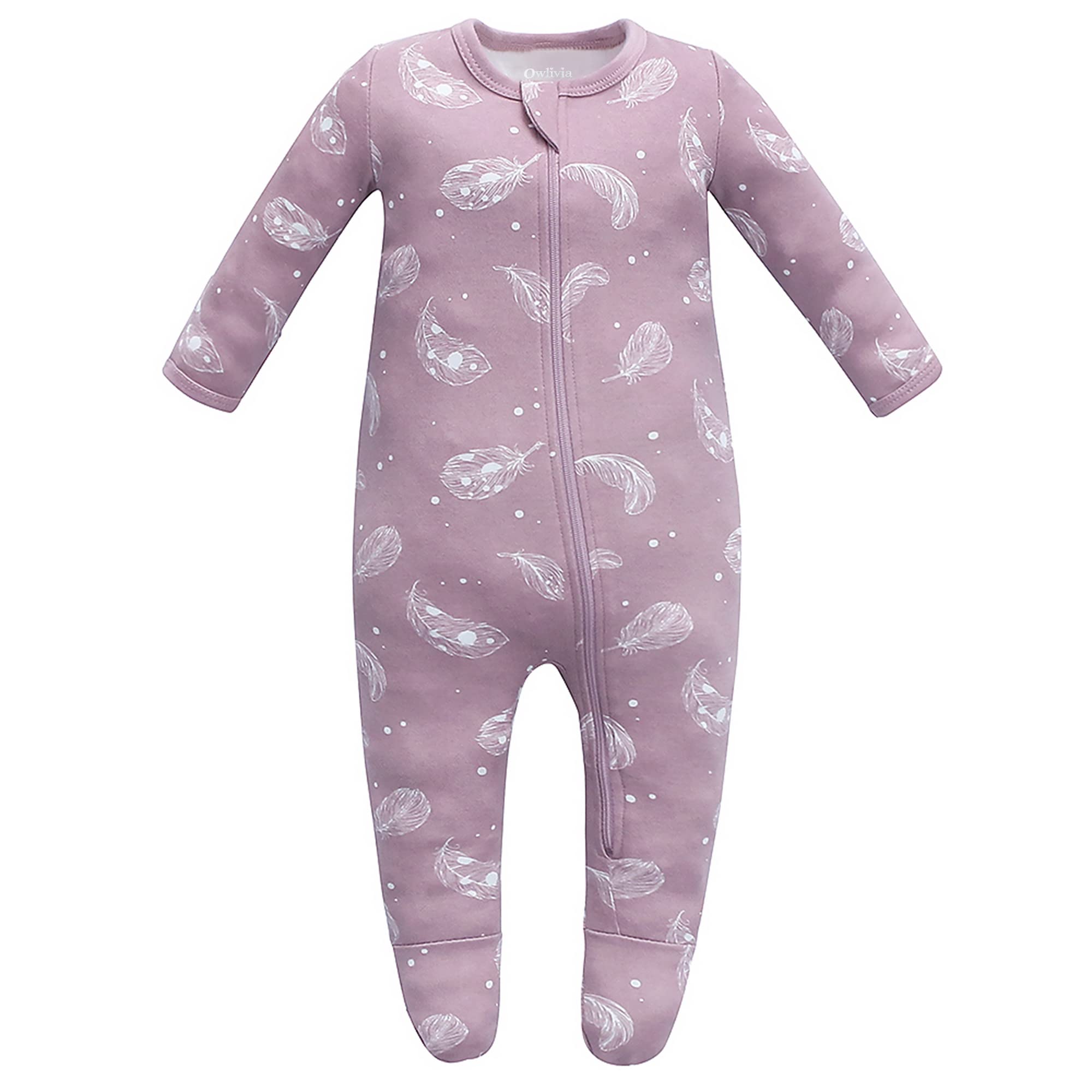 Owlivia organic cotton baby pajamas from the front view, soft to touch.