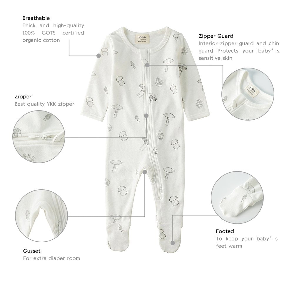 Owlivia organic cotton long sleeve pajama with diaper gusset.