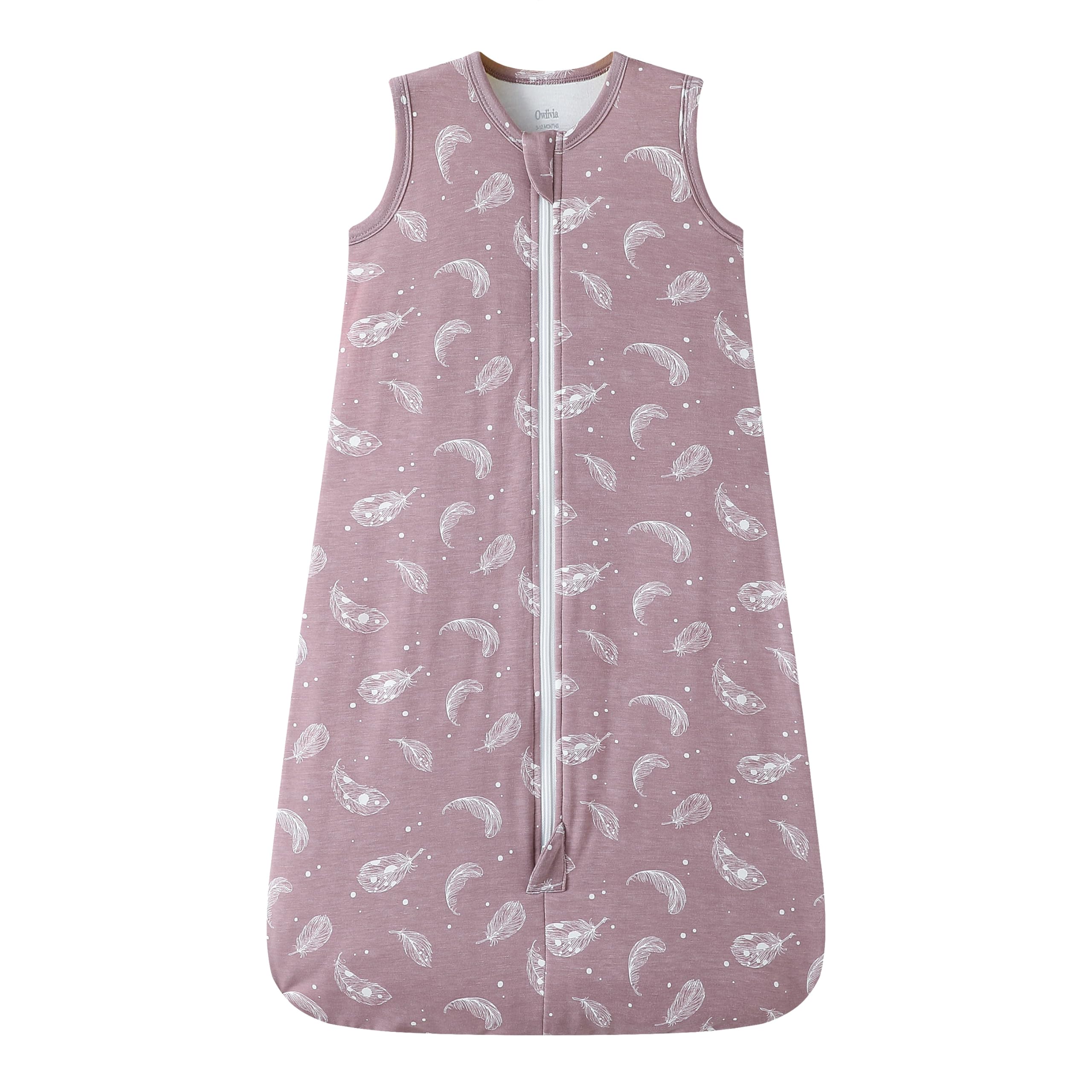 Owlivia rayon sleep sack close-up shows ultra-soft bamboo fabric in feather mauve.