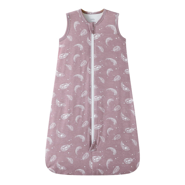 Owlivia rayon sleep sack close-up shows ultra-soft bamboo fabric in feather mauve.