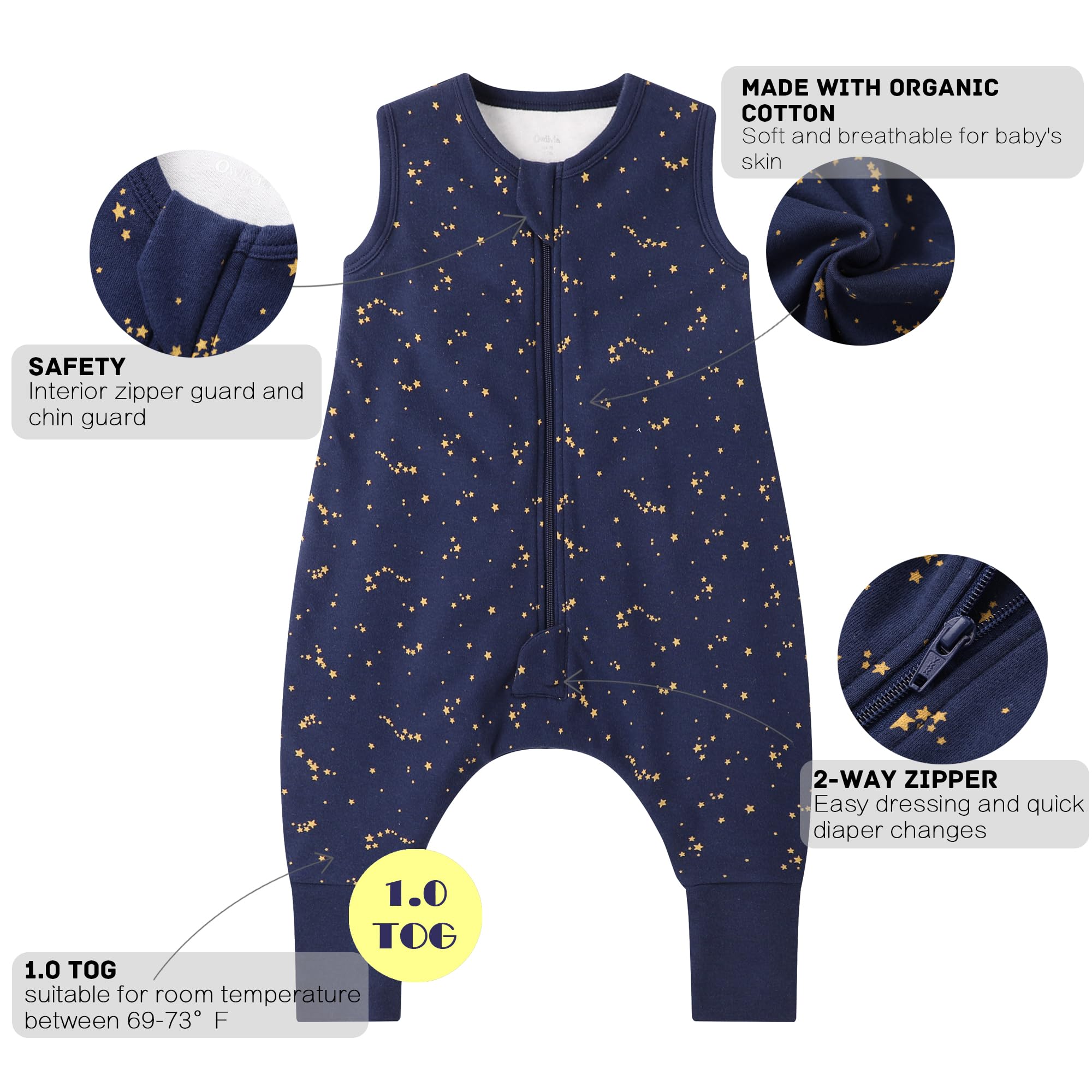 Owlivia 2-way zipper with top and bottom protectors for easy diaper changes