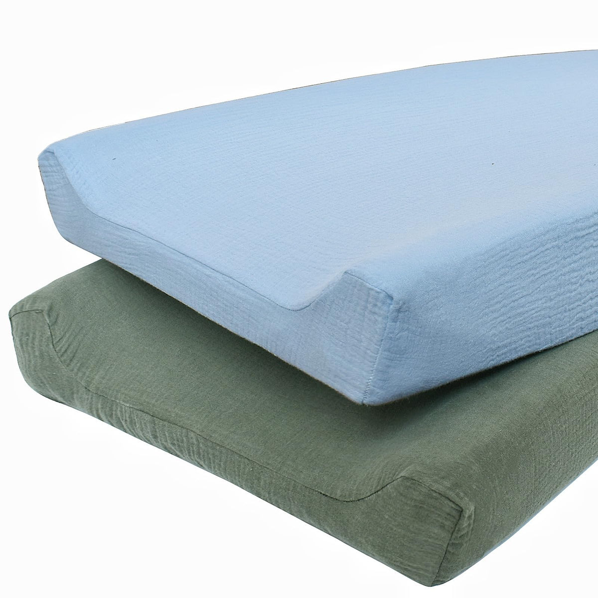 Owlowla muslin changing pad cover in soft baby blue for gentle diaper changes.