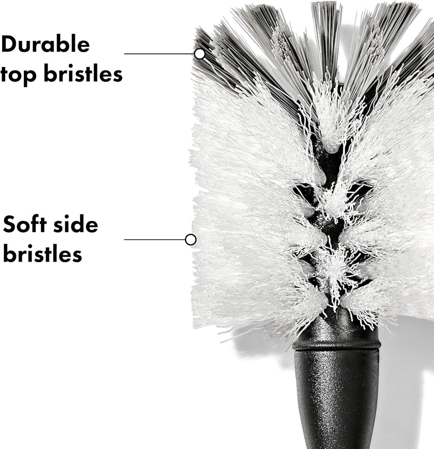 OXO Steel Bottle Brush features an ergonomic, non-slip handle for comfortable use.