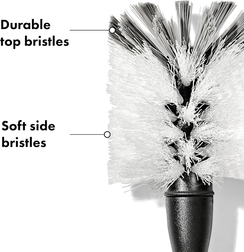 OXO Steel Bottle Brush features an ergonomic, non-slip handle for comfortable use.