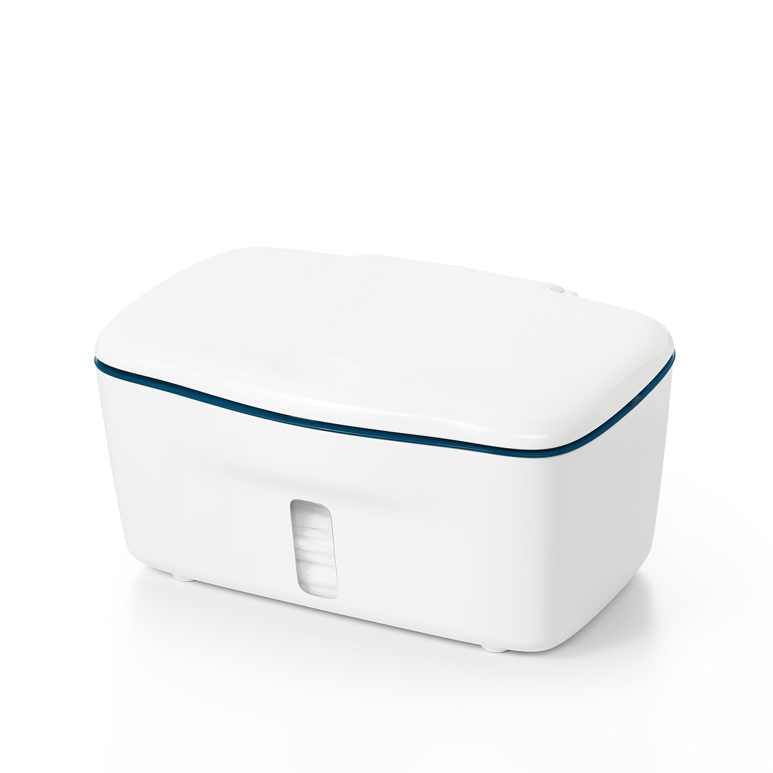 OXO Tot navy wipes dispenser showing easy one-handed access for busy parents