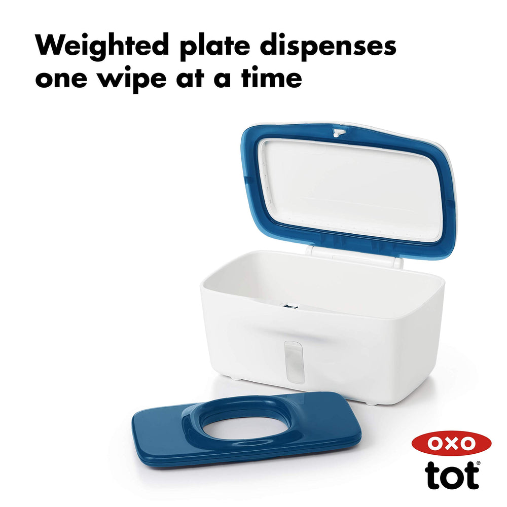 OXO Tot Perfect Pull Wipes Dispenser navy with weighted plate for controlled pulls