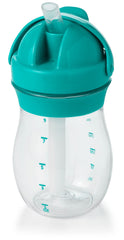 OXO Tot Transitions Teal straw cup close-up shows spill-proof sipping.