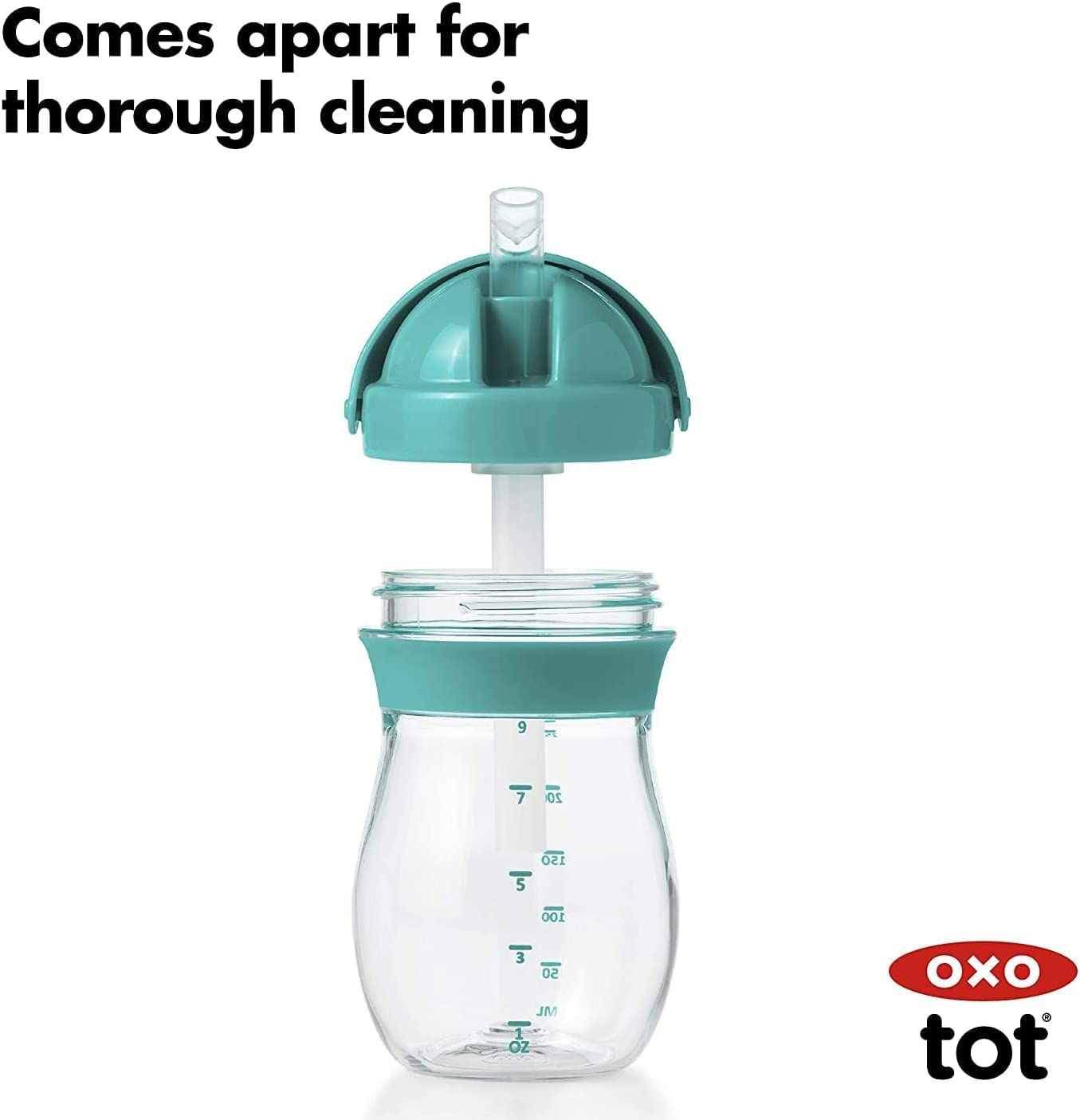 OXO Tot Transitions Teal interchangeable cups and lids enable easy transitions.