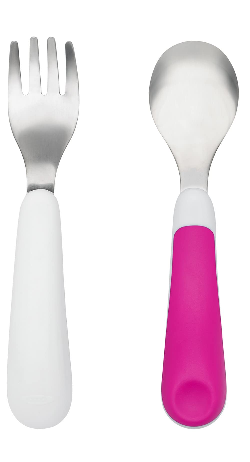 OXO Tot Training Fork & Spoon Set in pink, front view showing soft non-slip handles