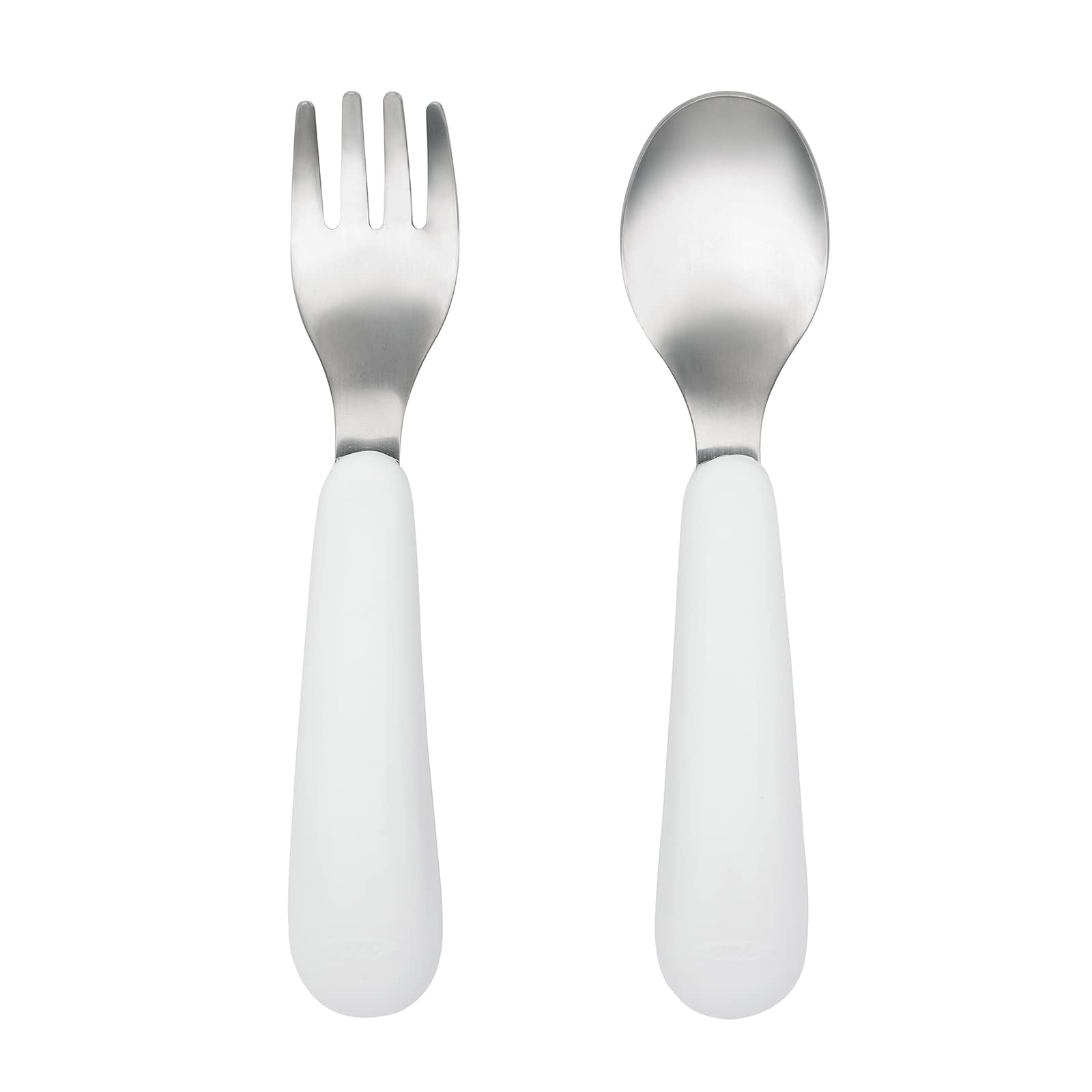 OXO Tot Training Fork & Spoon Set pink in hand demonstrating easy self-feeding