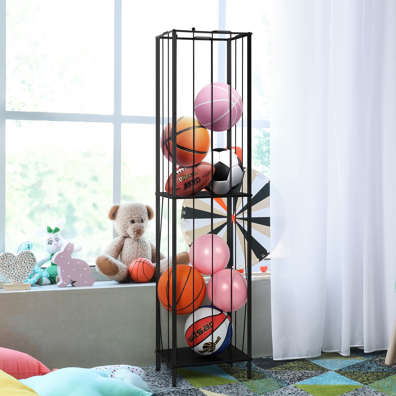 OYEAL ball storage rack variant demonstrates space-saving storage for balls.