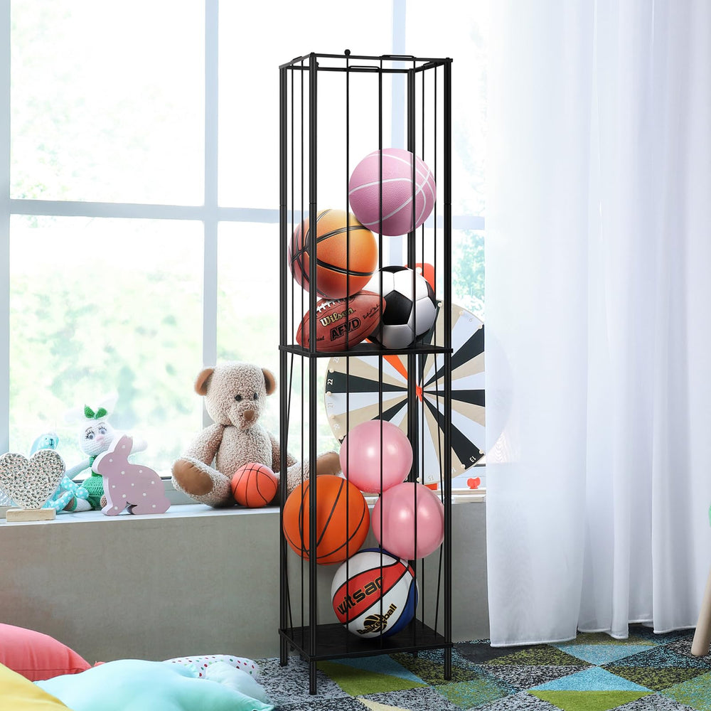 OYEAL ball storage rack variant demonstrates space-saving storage for balls.