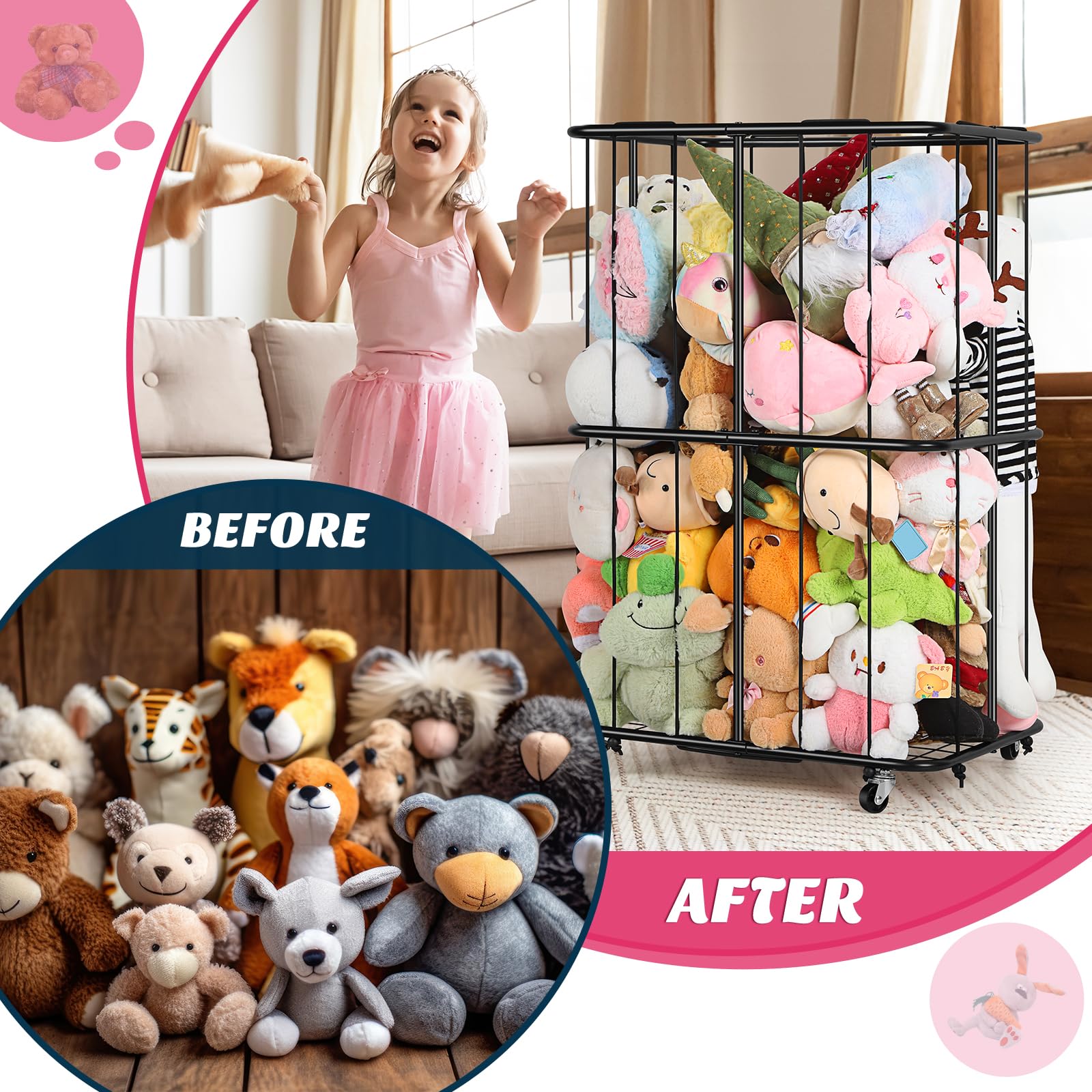 OYEAL elastic bands compression system on vertical rack keeps plush accessible
