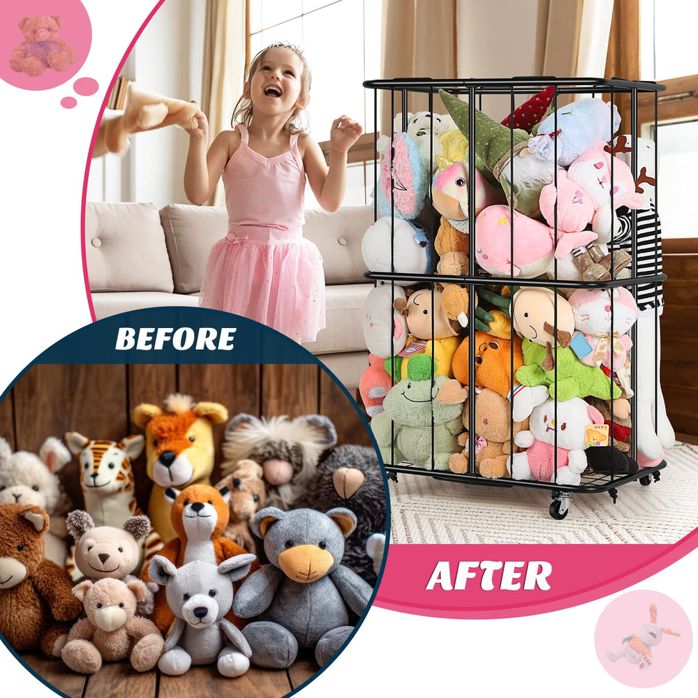 OYEAL elastic bands compression system on vertical rack keeps plush accessible