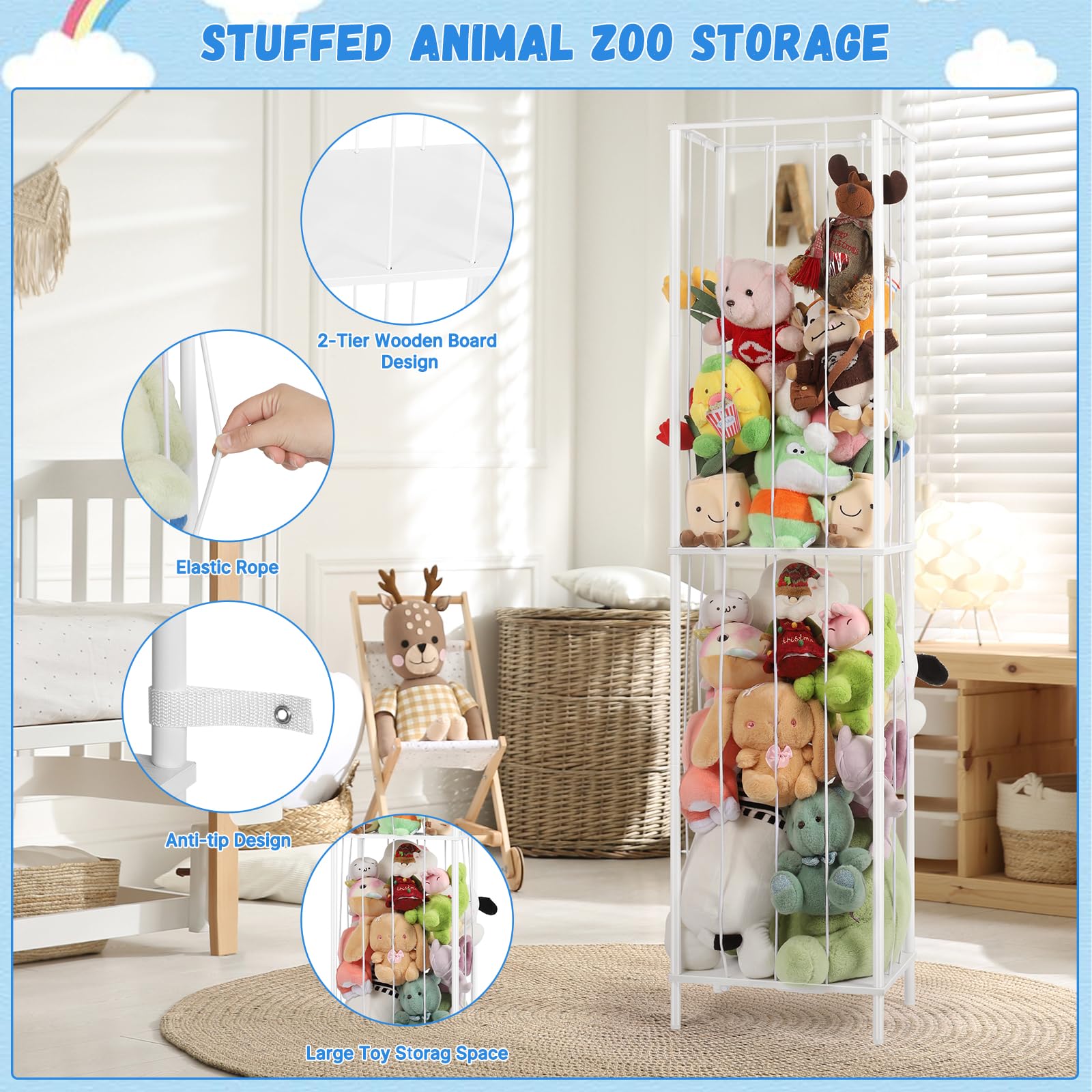 OYEAL stuffed animal storage holder 2-tier MDF boards promote neat toy classification