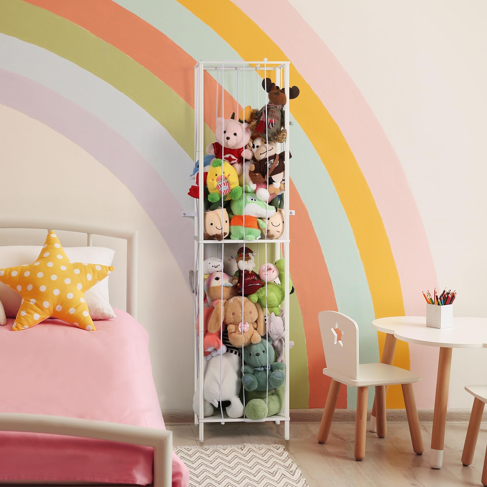 OYEAL stuffed animal storage holder in-room setup illustrates space-saving organization in a playroom