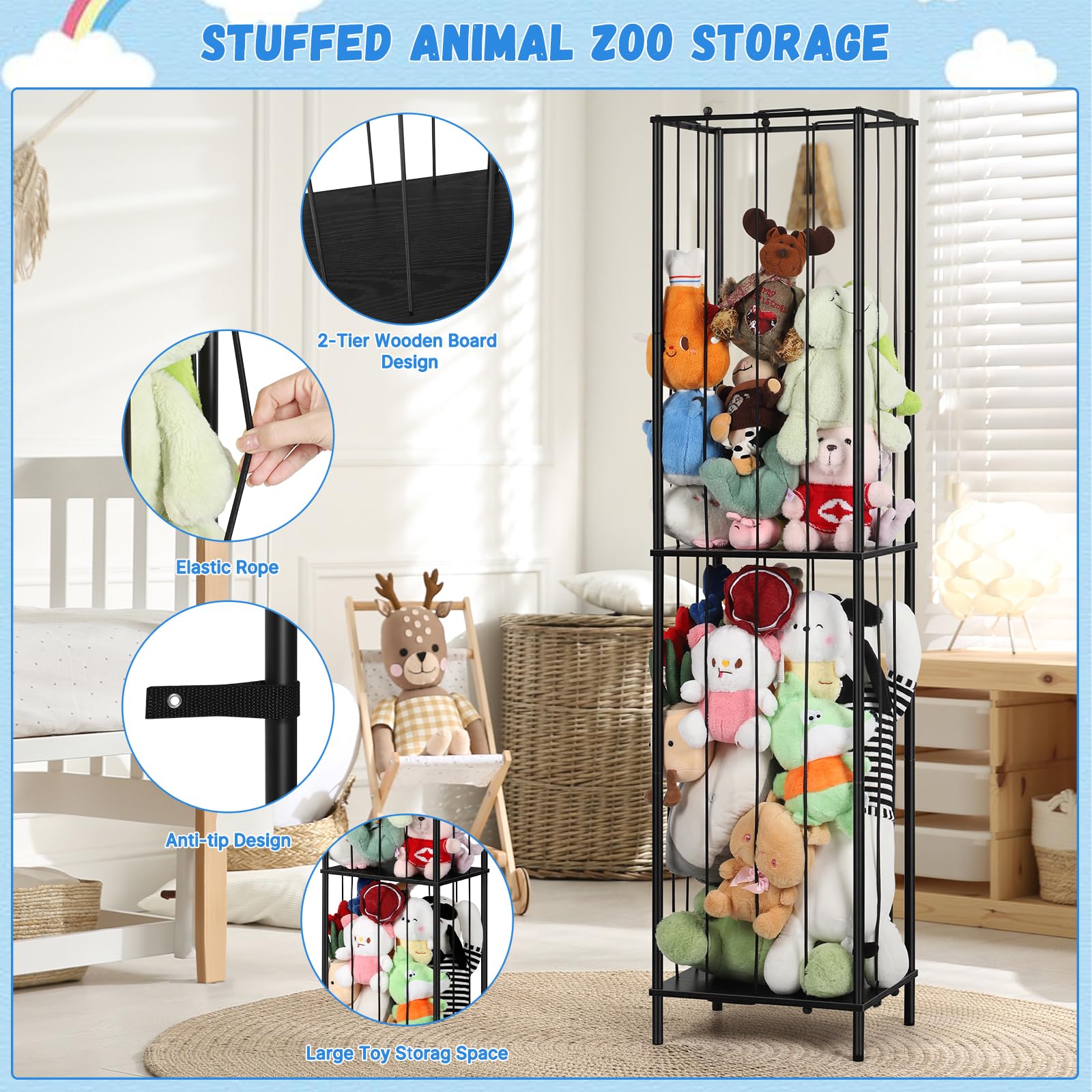 OYEAL stuffed animal zoo storage 64in elastic rope detail enables easy toy access and visibility.