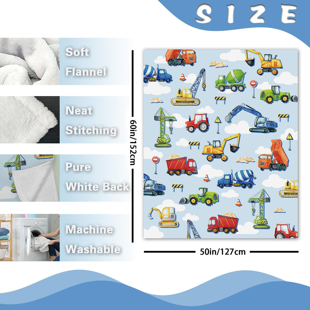 Paayna construction truck flannel throw, back view, solid white backing for cozy versatility