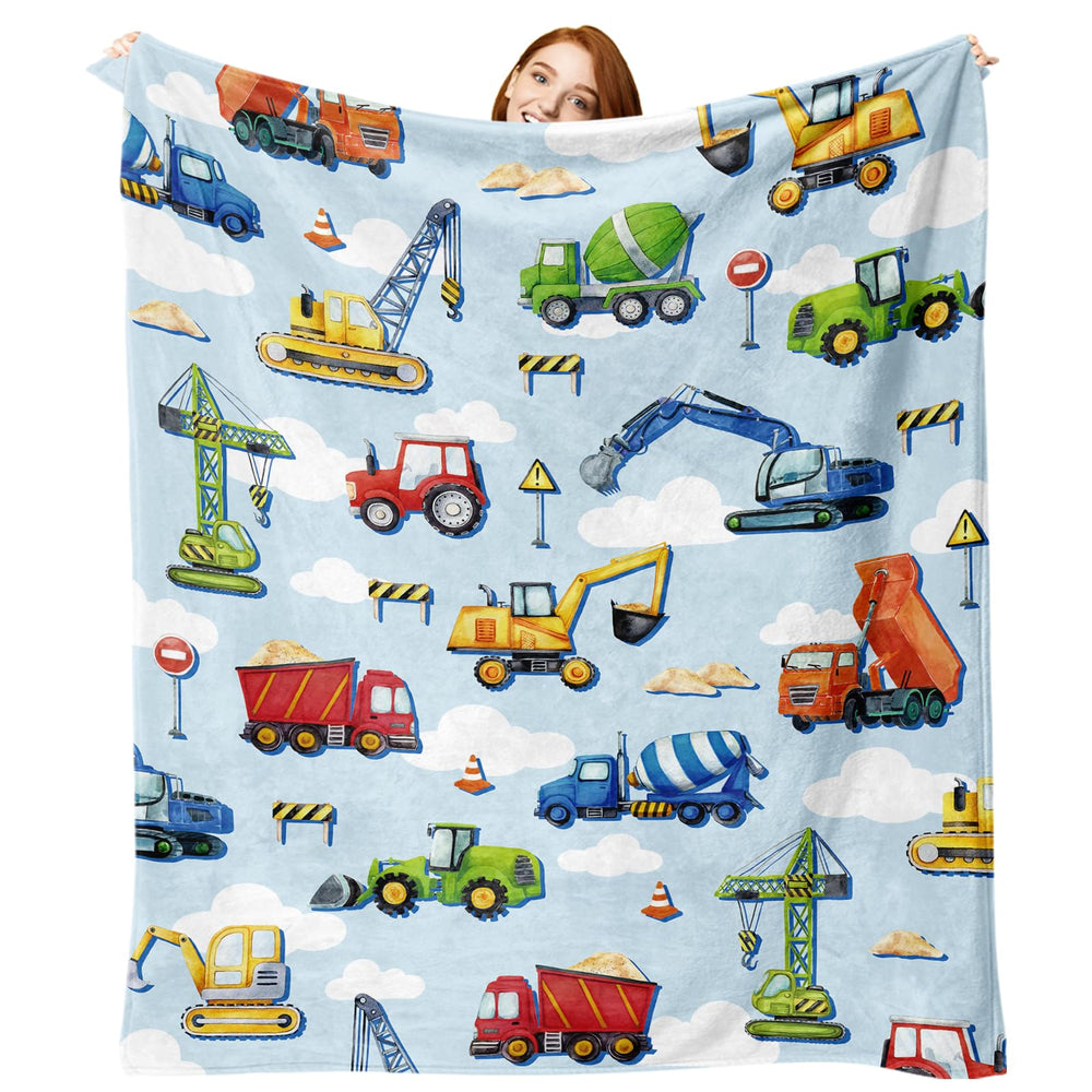 Paayna construction truck flannel throw, front view, vibrant pattern for playtime warmth