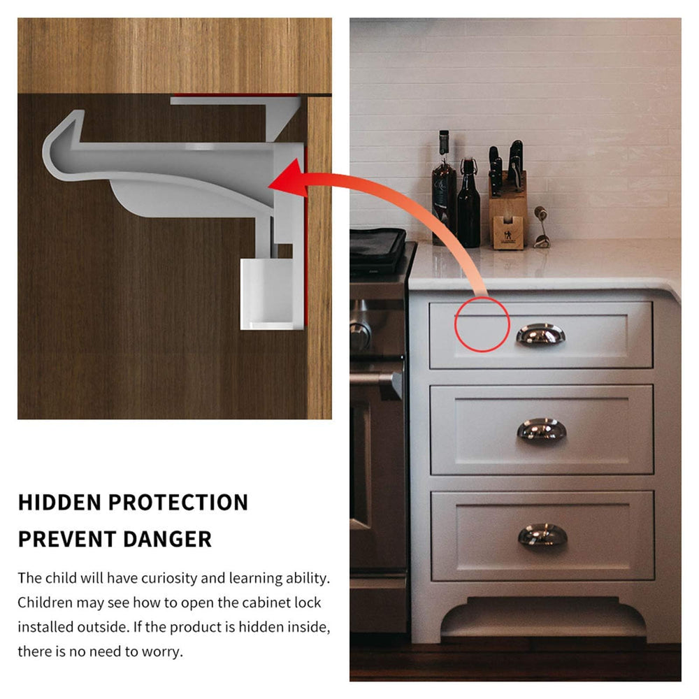 Pabesim invisible cabinet latch demonstrating 20+ lb pull resistance for safety.