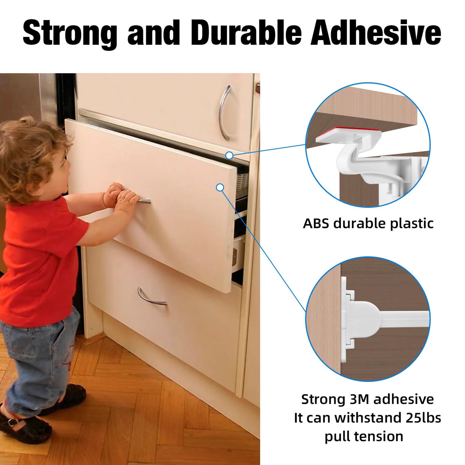 Pabesim invisible cabinet latch showing adhesive surface for damage-free installation.